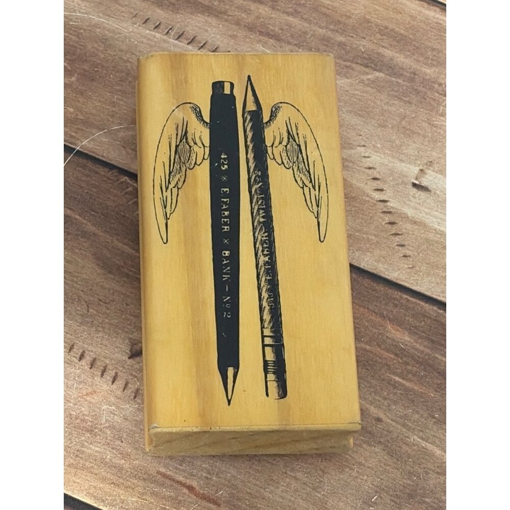 2011 MICHAELS 203996 PEN PENCIL WITH WINGS E. FABER WOOD MOUNTED RUBBER STAMP
